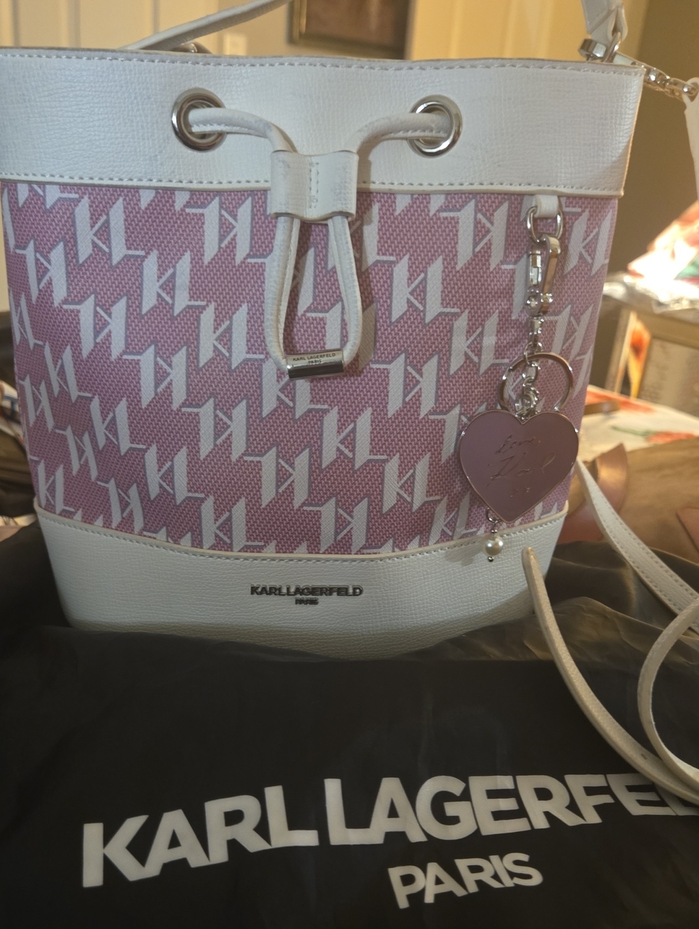 Karl Lagerfeld Pink & White Monogram Crossbody Bucket Bag With Charms And Bag